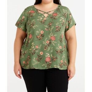 rue+ Women’s 3X Green Floral Short Sleeve Blouse Crisscross Neck Pre-Owned